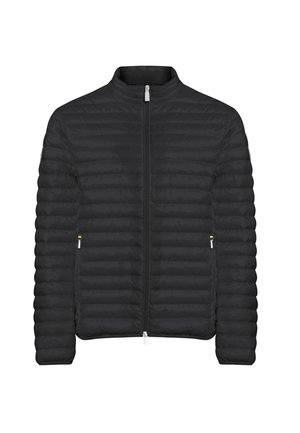 Veste matelassée noire avec coutures horizontales, fermeture éclair devant et poches zippées des deux côtés.