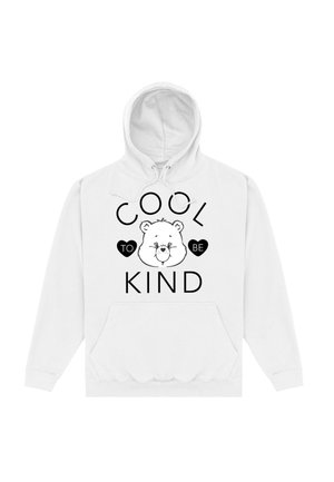 Hvid hoodie med en kængurulomme. Har teksten "COOL TO BE KIND" og en bjørneillustration i sort. Blødt stof med hætte og snore.