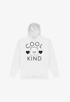Hvid hoodie med en kængurulomme. Har teksten "COOL TO BE KIND" og en bjørneillustration i sort. Blødt stof med hætte og snore.