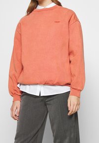 Sudadera de color coral hecha de una tela suave, con cuello redondo, hombros caídos y puños acanalados. Presenta un pequeño logotipo en el pecho.