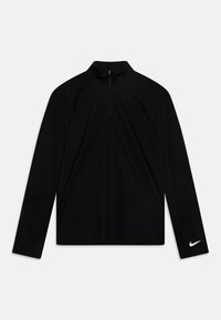 Zwart, lang mouw atletisch shirt met een hoge kraag en halve rits, met een Nike-logo op de manchet en een gladde textuur.