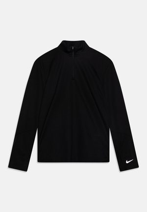 Black, long-sleeve athletic top with a high collar and half-zip, featuring a Nike logo on the cuff and a smooth texture.