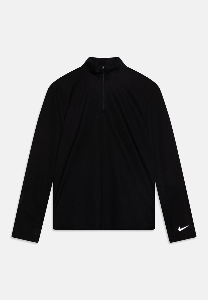 Zwart, lang mouw atletisch shirt met een hoge kraag en halve rits, met een Nike-logo op de manchet en een gladde textuur.
