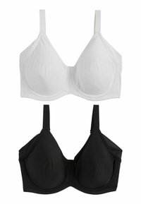 Twee beha's tentoongesteld: één witte en één zwarte. Beide hebben verstelbare bandjes, gladde cups en een beugelontwerp.