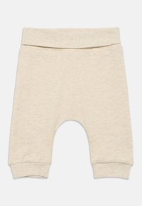 Beige Baumwollshorts mit geripptem Bund und Bündchen. Verfügt über eine lockere Passform und einen mittigen Ausschnitt für zusätzlichen Komfort. Weiche Textur.