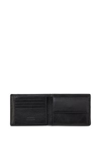 Portafoglio bifold in pelle nera aperto, che mostra diversi scomparti per carte a sinistra e una tasca per monete con pattina a destra.