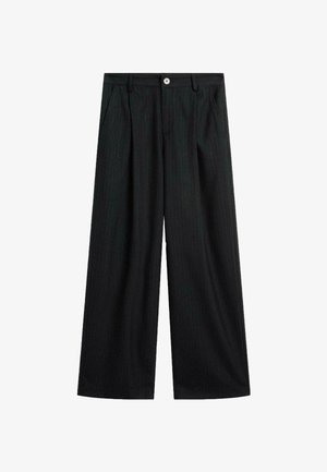 Black wide-leg trousers with subtle pinstripes, front button closure, belt loops, and side pockets, laid flat on white background.