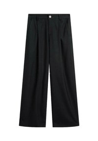 Pantalon large noir avec de discrètes rayures, fermeture par bouton à l'avant, passants de ceinture et poches latérales, posé à plat sur un fond blanc.