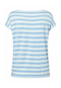 Lichtblauwe en witte gestreepte t-shirt met korte mouwen, ronde hals, zachte katoenmateriaal en een ontspannen pasvorm, met gelijkmatige strepen over de hele shirt.