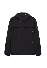 Black jacket with a hood, featuring two chest pockets, front zip closure, and yellow accents. Smooth texture, lightweight design.