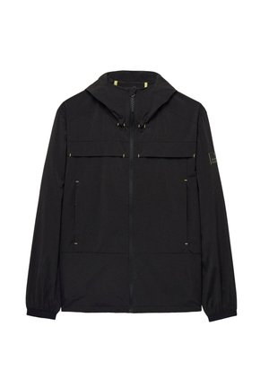 Black jacket with a hood, featuring two chest pockets, front zip closure, and yellow accents. Smooth texture, lightweight design.