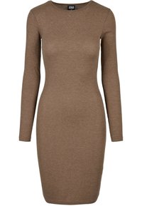 Hnědressová pletená šaty s dlouhými rukávy a kulatým výstřihem. Těsně přiléhající silueta, hladká textura a minimalistický design.