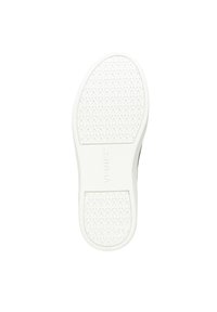 Witte rubberen schoenzool met een gestructureerd patroon met zigzaggroeven voor grip en een reliëflogo met de tekst "Vionic".