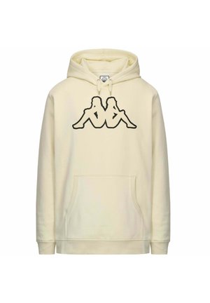 Felpa con cappuccio color crema con tasca frontale e logo nero contornato raffigurante due figure sedute schiena contro schiena sul petto.