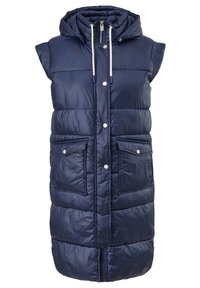 Marineblaue wattierte Weste mit Kapuze, ausgestattet mit Reißverschluss vorne, Druckknöpfen, zwei Fronttaschen und einer strukturierten, glänzenden Oberfläche.