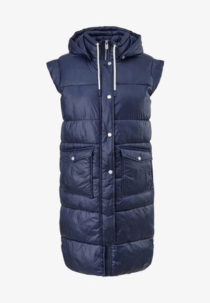 Marineblauw gewatteerd vest met capuchon, voorzien van een ritssluiting aan de voorkant, drukknoopsluiting, twee voorzakken en een gestructureerde, glanzende afwerking.