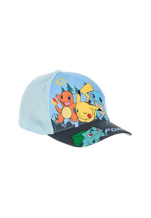 Hellblaues und schwarzes Cap mit den Pokémon-Charakteren Glumanda, Pikachu, Schiggy und Bisasam in einer Waldszene mit einer Sonne am Himmel.