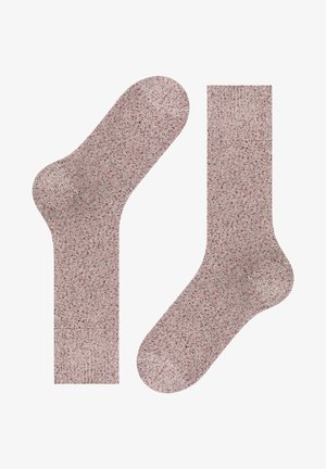 Chaussettes tricotées avec un motif texturé, dominé par un rouge clair et des éclats de couleurs plus foncées. Présentent une bordure côtelée et un orteil arrondi.