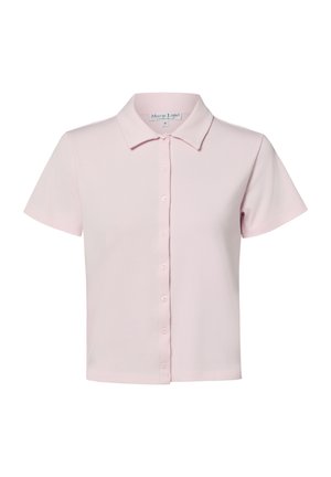 Light pink short-sleeve button-up shirt with a collar, smooth fabric, and small buttons down the front center.
