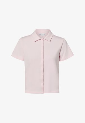 Hellrosa Kurzarmbluse mit Kragen, glattem Stoff und kleinen Knöpfen in der vorderen Mitte.