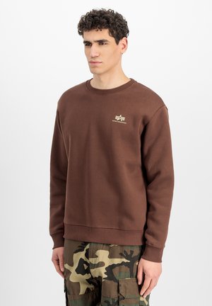 Mladi muškarac s kovrčavom kosom, odjeven u smeđu Alpha Industries majicu i maskirne cargo hlače, stoji pred jednostavnom bijelom pozadinom.