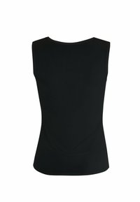 Haut noir sans manches avec un col rond, fabriqué en tissu lisse. Présente une coupe ajustée et un ourlet incurvé à l'arrière.