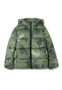 Chaqueta acolchada verde con ilustraciones y patrones de dinosaurios. El material es acolchado con capucha y cremallera frontal. Presenta acentos gráficos llamativos.