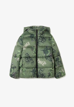 Grüne Pufferjacke mit Dinosaurierillustrationen und -mustern. Das Material ist gesteppt, mit Kapuze und einem Reißverschluss vorne. Auffällige grafische Akzente sind vorhanden.