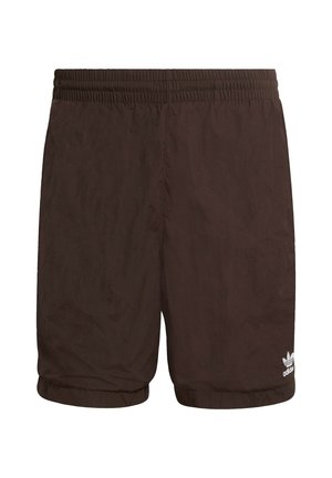 Brown Adidas athletic shorts with elastic waistband and leg cuffs, featuring a small white Adidas logo on the lower right leg.