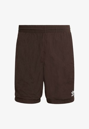 Brown Adidas athletic shorts with elastic waistband and leg cuffs, featuring a small white Adidas logo on the lower right leg.