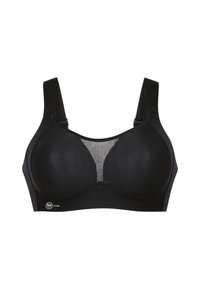 Top sportivo nero con coppe imbottite, pannello in rete centrale, spalline regolabili e logo brandizzato in basso. Tessuto morbido.