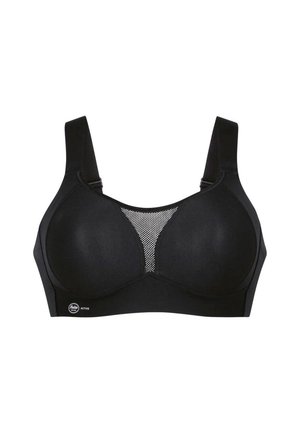 Schwarzer Sport-BH mit gepolsterten Cups, Netz-Einsatz in der Mitte, verstellbaren Trägern und einem markierten Logo am unteren Rand. Glatte Stoffoberfläche.