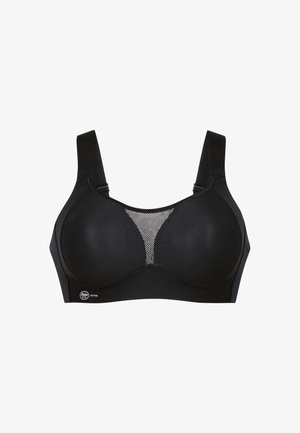 Sort sportsbh med polstrede skåle, mesh-panel i midten, justerbare stropper og mærke-logo i bunden. Glat stofstruktur.