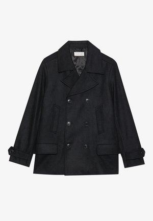 Casaco peacoat preto de abotoamento duplo, feito de um tecido de mistura de lã, com grandes botões, dois bolsos frontais e um colarinho recortado.