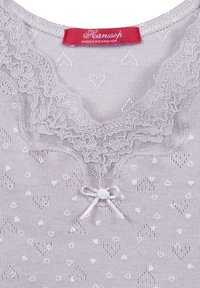 Lilac knit top with small white heart patterns, lace trim around neckline, a small bow with button at center, and a red Hanssop label.