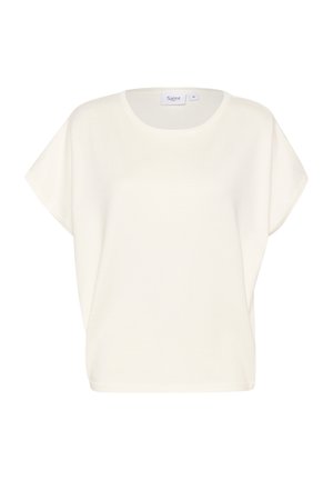 Witte kortekorte mouw top met een ronde halslijn, zachte textuur en een relaxte pasvorm. Etiket aan de halslijn geeft "Saint" aan met maatindicatie.