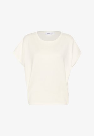 Fehér, rövid ujjú felső kerek nyakkivágással, puha textúrával és laza szabással. A nyakkivágásnál lévő címke "Saint" feliratú, méretmegjelöléssel.