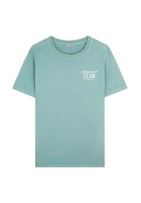 Lichtblauw katoenen T-shirt met korte mouwen, ronde hals en witte tekst met de tekst "Lifeguard's CLUB" op de linkerborst.