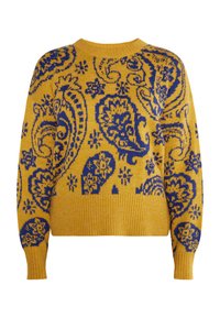 Gele gebreide trui met een blauw paisleypatroon, geribbelde onderrand en manchetten, en een ronde halslijn.