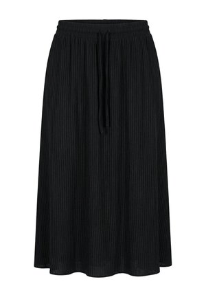 Czarna prążkowana spódnica midi z elastycznym pasem i sznurkiem do wiązania, luźnym krojem i lekko rozkloszowanym dołem.