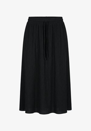 Czarna prążkowana spódnica midi z elastycznym pasem i sznurkiem do wiązania, luźnym krojem i lekko rozkloszowanym dołem.