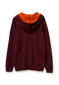 Sudadera con capucha en burdeos con un interior de capucha naranja. Cuenta con un corte relajado, mangas largas y puños y dobladillo acanalados para darle textura.