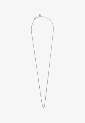 Silver metal necklace with a thin, delicate chain, featuring a simple clasp and a smooth, polished finish.