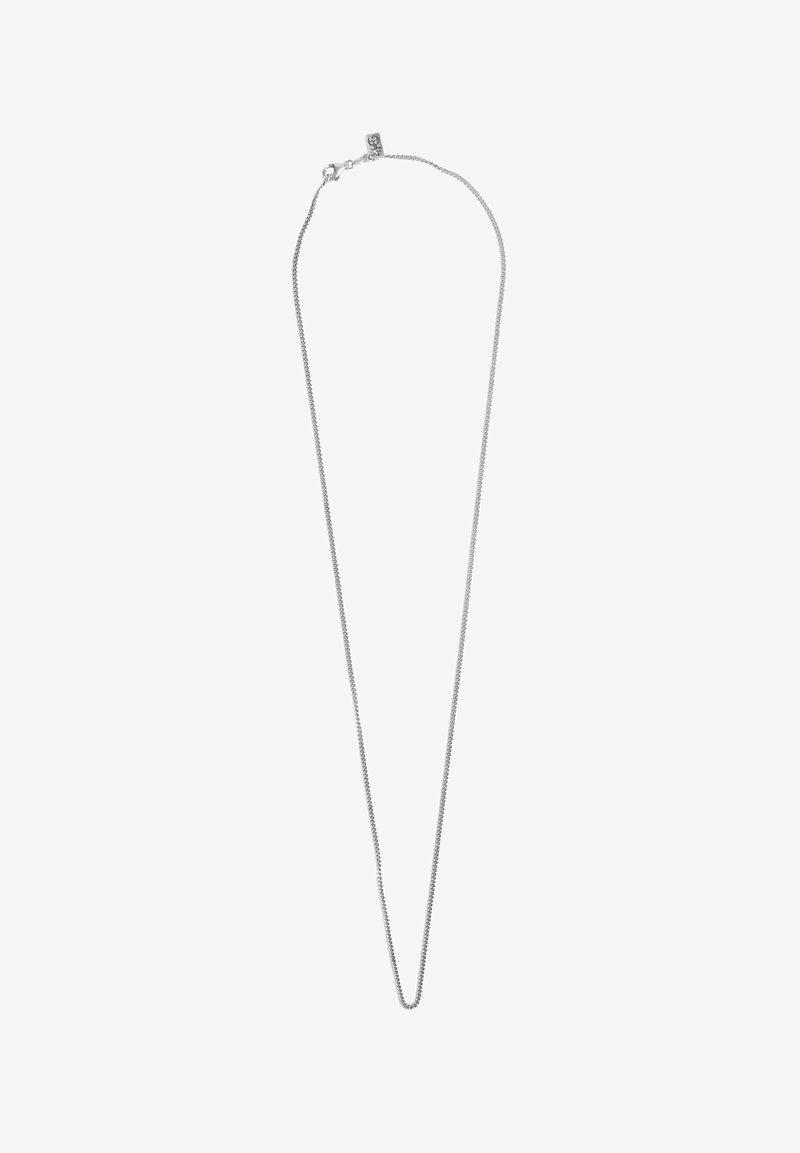 Silberne Metallkette mit einer dünnen, filigranen Kette, ausgestattet mit einem einfachen Verschluss und einer glatten, polierten Oberfläche.