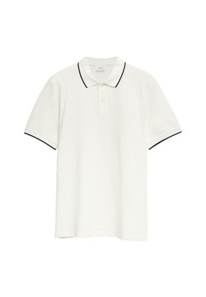 Polo blanc à manches courtes avec bordure noire au col et aux extrémités des manches, patte de boutonnage à trois boutons, coupe classique.