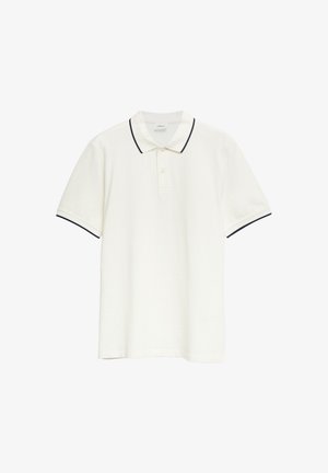 Biała koszulka polo z krótkim rękawem, czarnym obszyciem na kołnierzu i krawędziach rękawów, plisą na trzy guziki oraz klasycznym krojem.