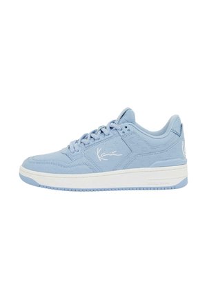 Light blue sneaker featuring a textured leather upper, round toe, white rubber sole, and decorative stitching with a logo on the side.