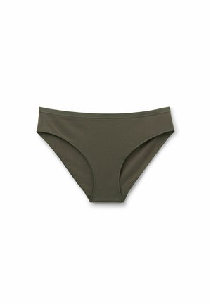 Parte inferior de bikini color verde oliva hecha de tela suave y elástica, con un corte de tiro bajo y diseño minimalista sin elementos decorativos.