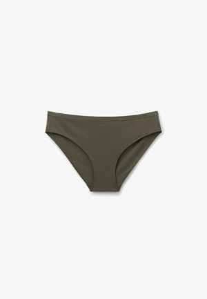 Parte inferior de bikini color verde oliva hecha de tela suave y elástica, con un corte de tiro bajo y diseño minimalista sin elementos decorativos.