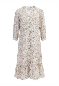 Blumenmusterkleid aus leichtem Stoff mit Dreiviertelärmeln, einem V-Ausschnitt und einem ausgestellten Saum, der am Ende eine Rüschendetail aufweist.